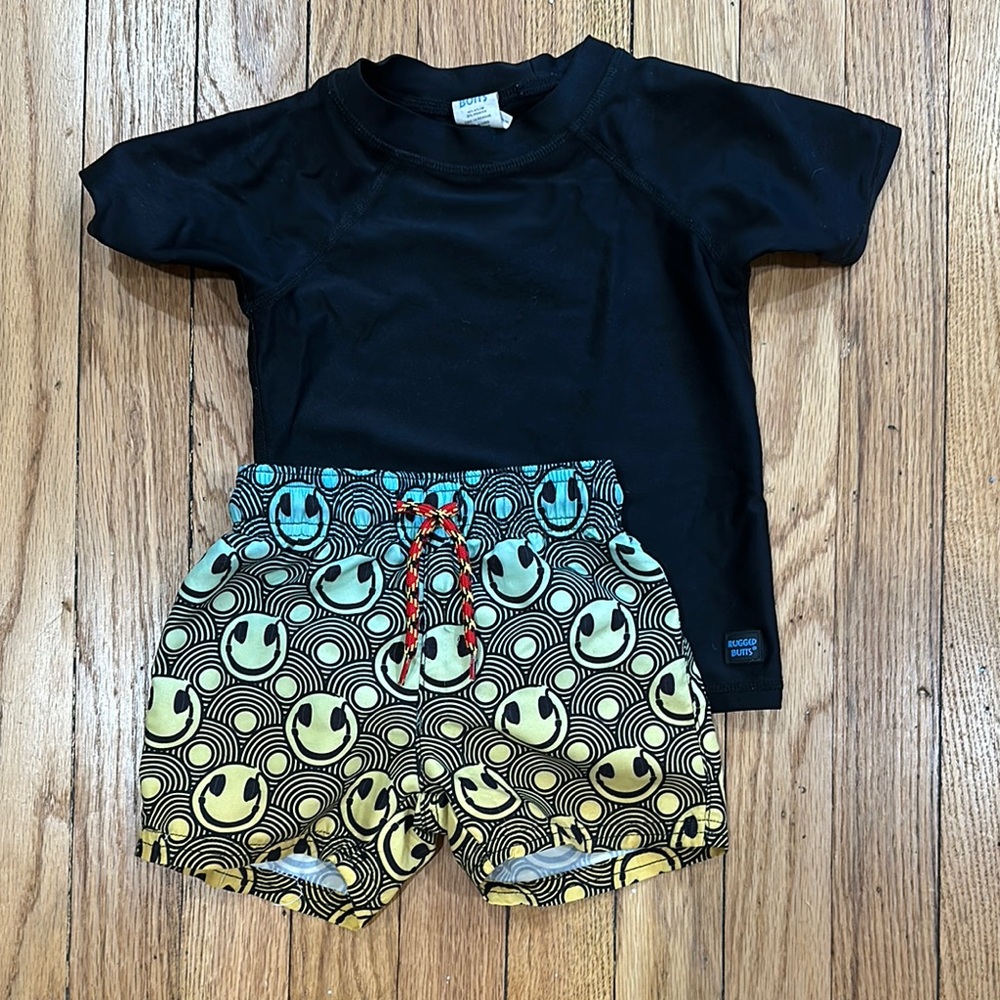 Appaman swim trunks and ruggedbutts rash guard